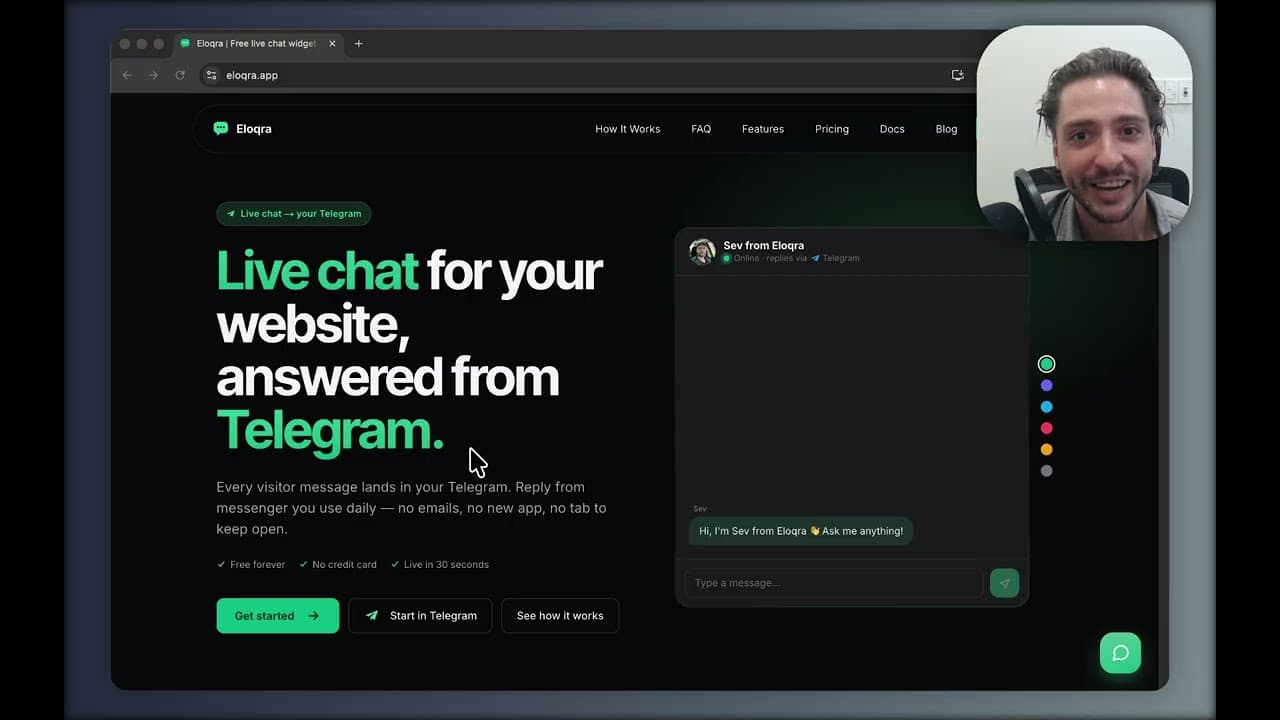 Eloqra live chat widget running on a website, with the operator replying from Telegram
