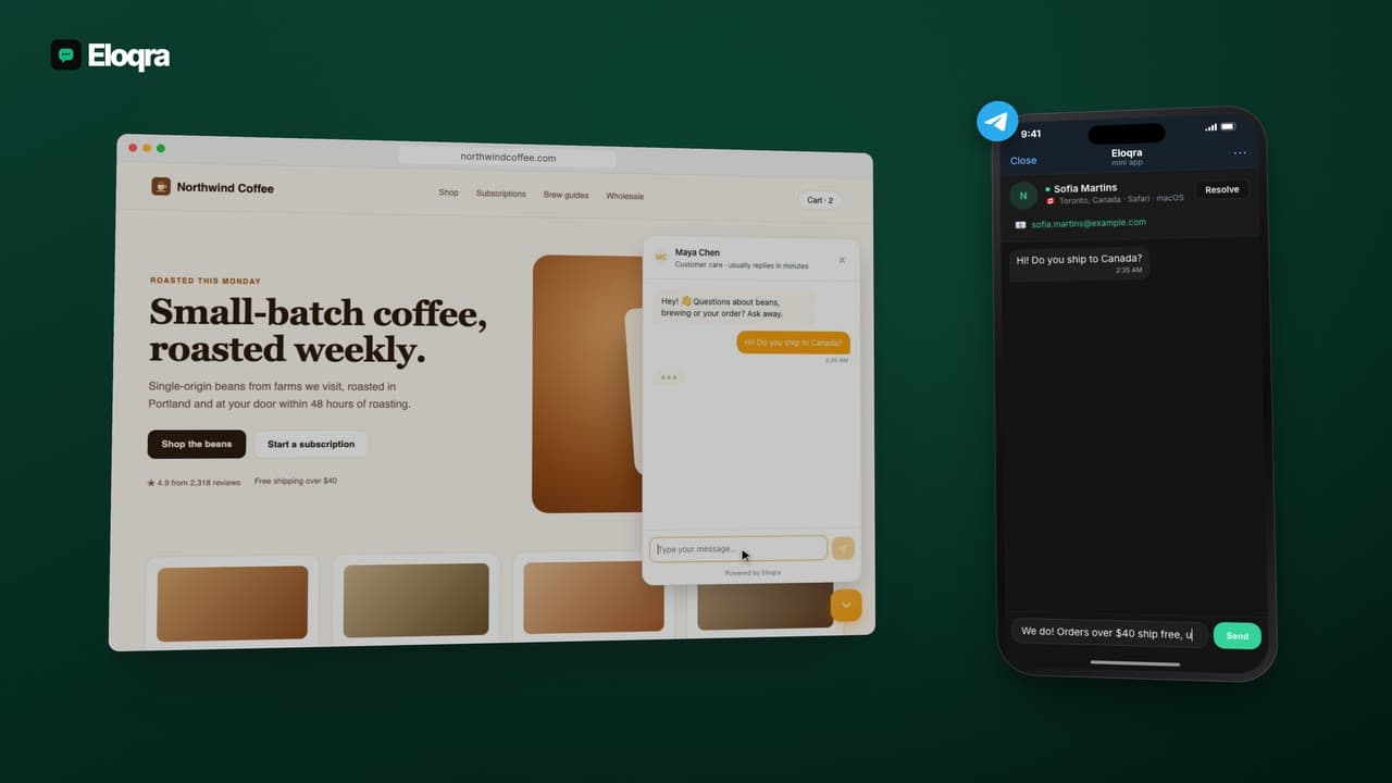 A visitor chatting on a website while the reply is typed in the Eloqra Telegram Mini App