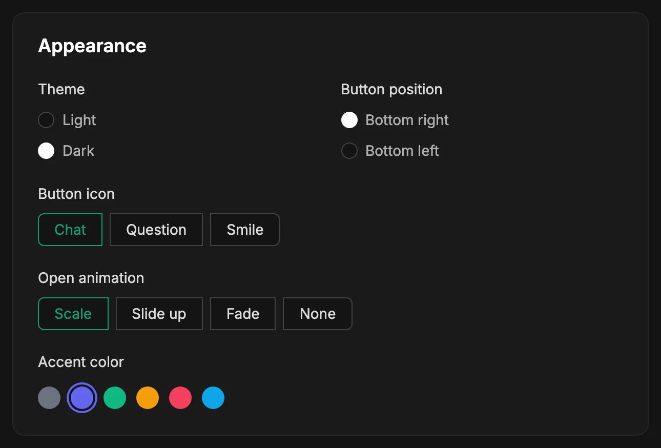 The Appearance card: theme, button position, button icon, open animation and accent color
