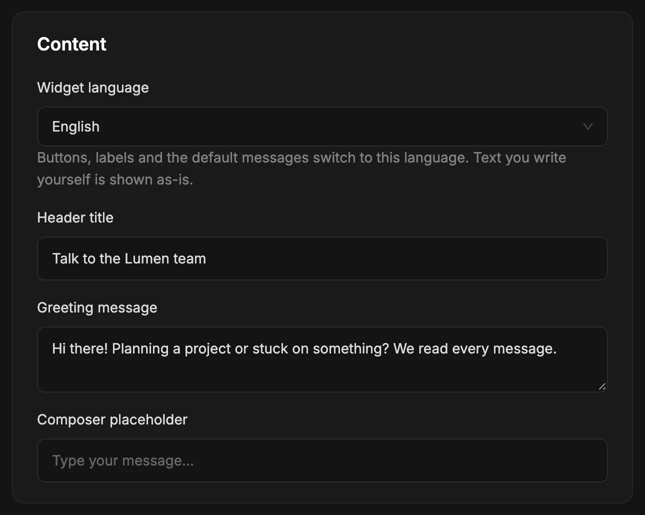 The Content card: widget language, header title, greeting message and composer placeholder