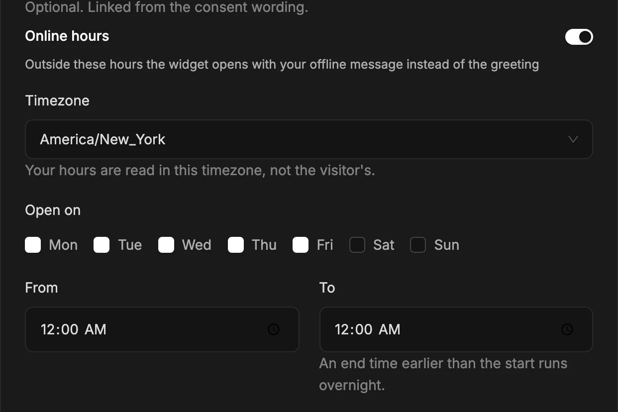Online hours settings: a toggle, timezone picker, weekday checkboxes and from/to times