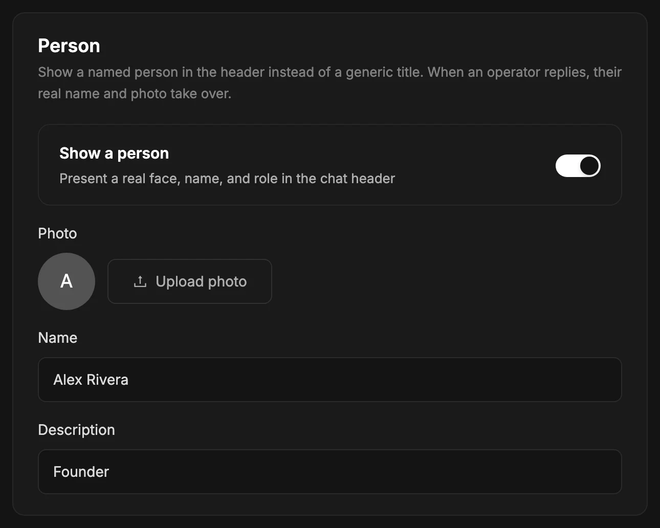 The Person card: a Show a person toggle, a photo upload, and name and description fields