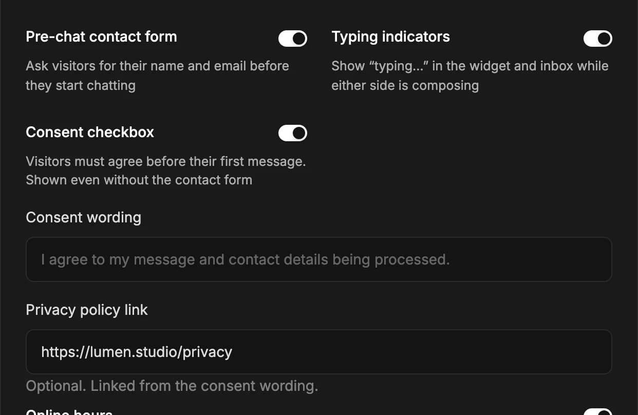 The first rows of the Behavior card: pre-chat contact form, typing indicators and consent checkbox toggles, with consent wording and privacy link fields