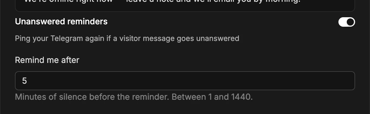 Unanswered reminders: a toggle and a minutes field set to 5