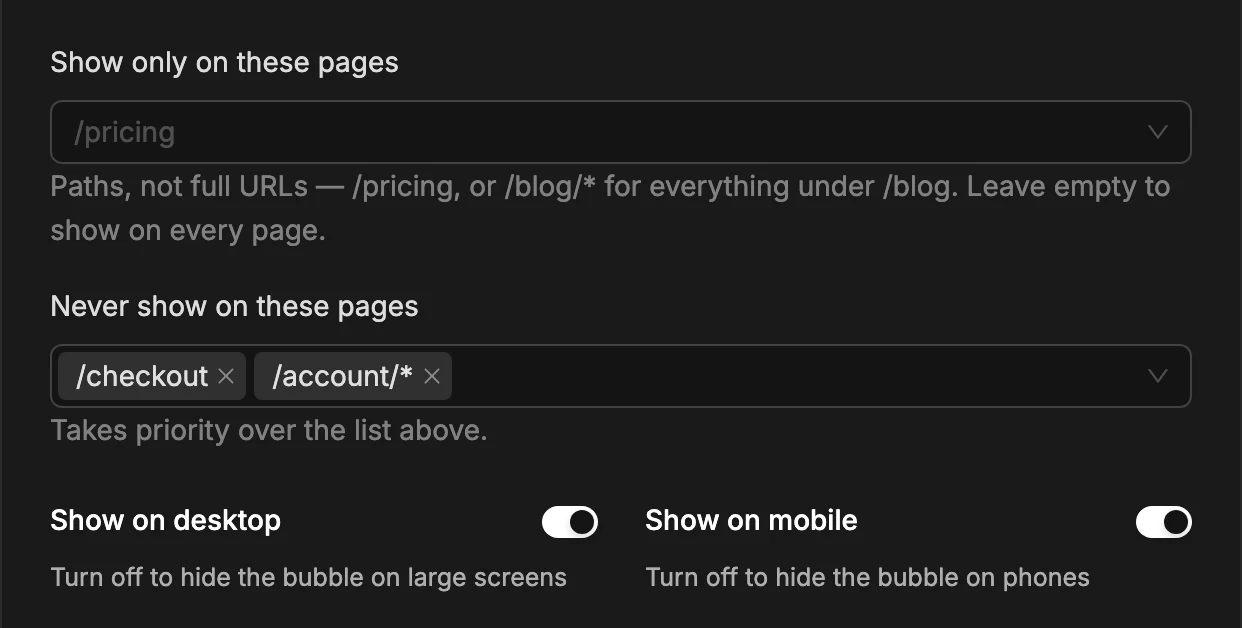 Page targeting settings: pages to show on, pages to hide on, desktop and mobile