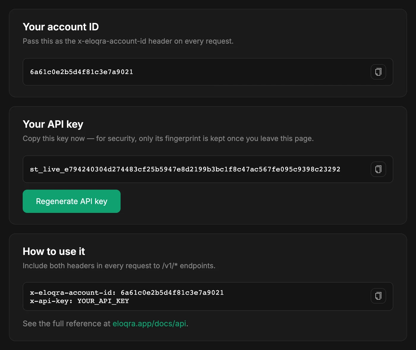 Settings → API with the account ID, the API key and the two request headers