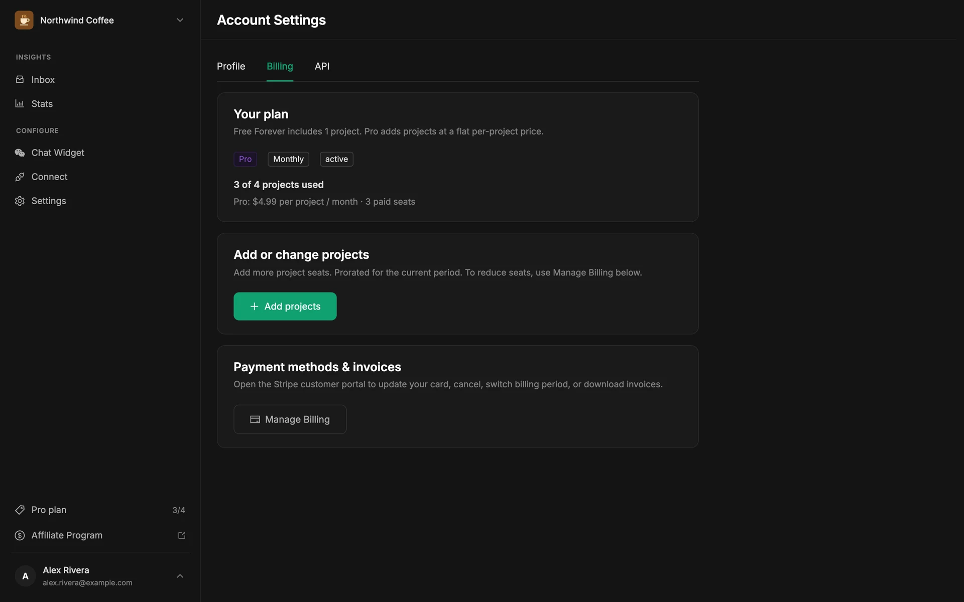 Settings → Billing with the Your plan card, the Add or change projects card and the Manage Billing button