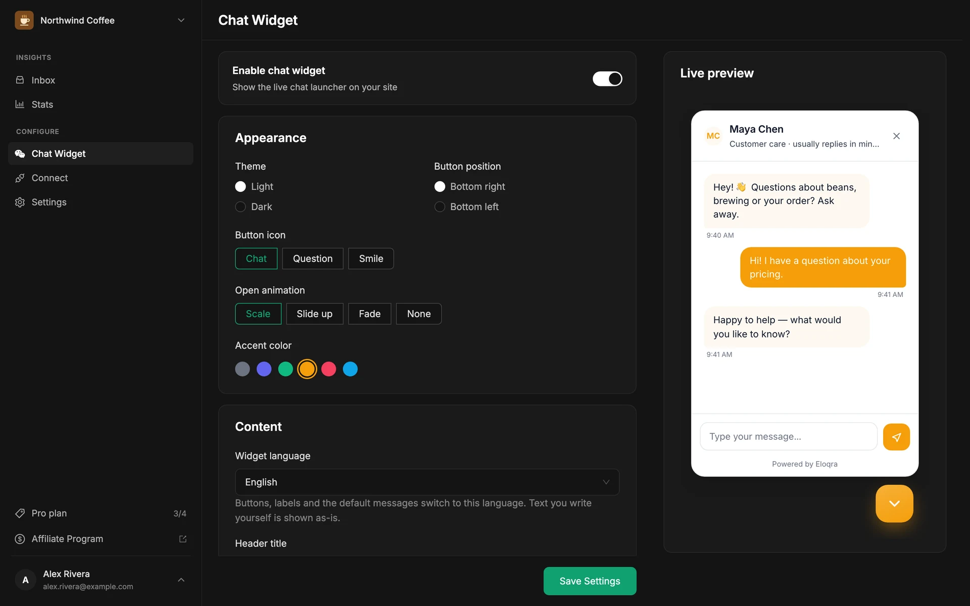 The Chat Widget page in the web dashboard: settings cards next to a live preview