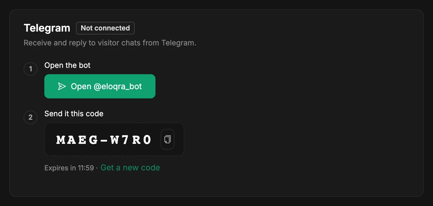 The Connect page showing a short Telegram link code and its expiry