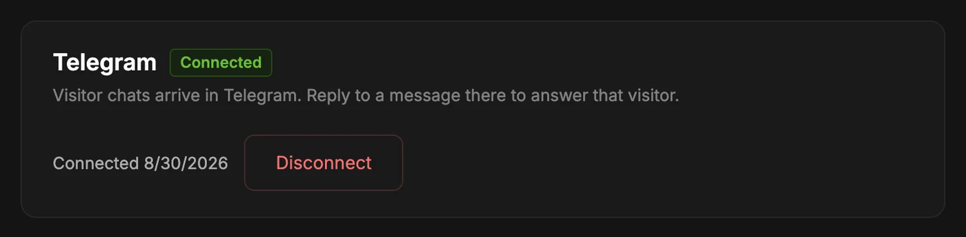 The Telegram card on the Connect page showing the Connected tag, the connection date and a Disconnect button
