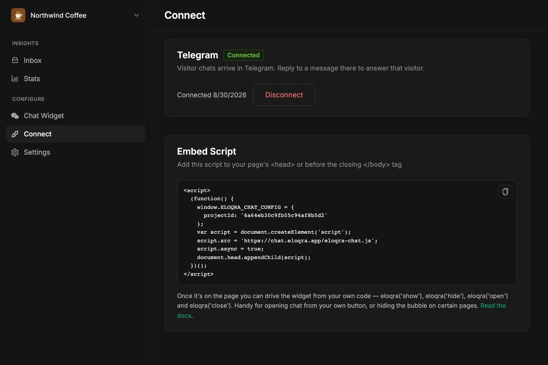 The Connect page with the one-line embed script