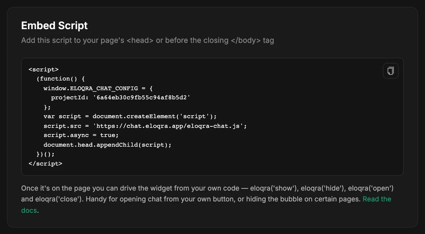 The Eloqra embed script, ready to copy into a website