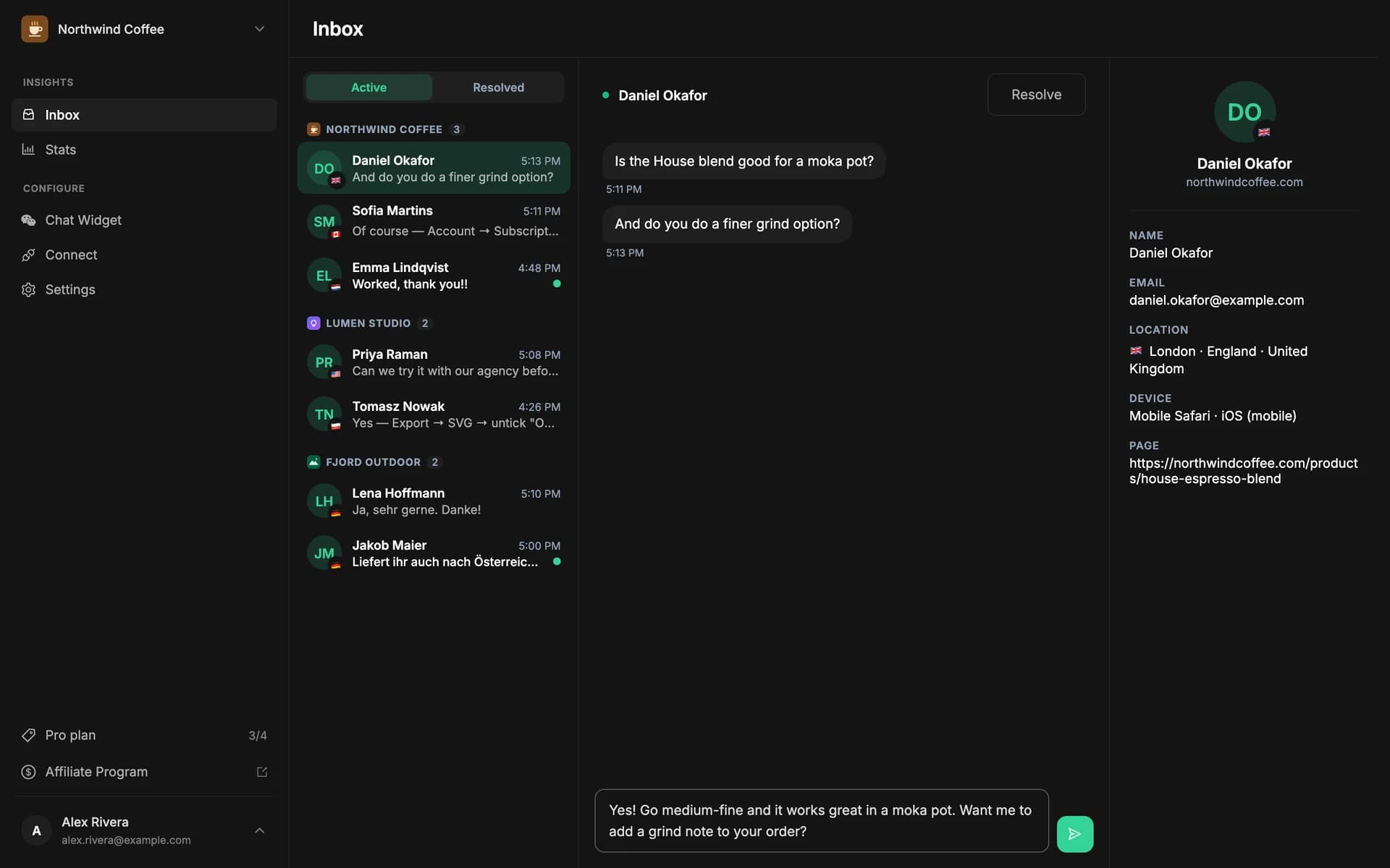An operator typing a reply in the dashboard inbox, with the Resolve button in the conversation header