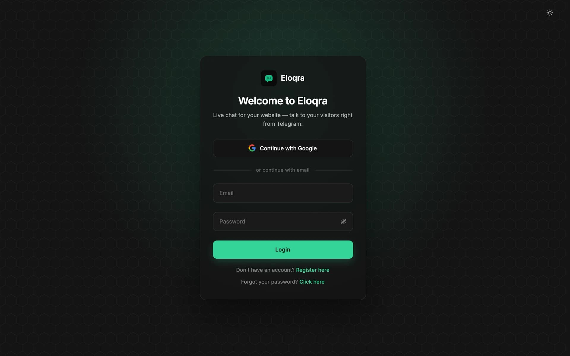 The Eloqra sign-in page with a Continue with Google button above an email and password form
