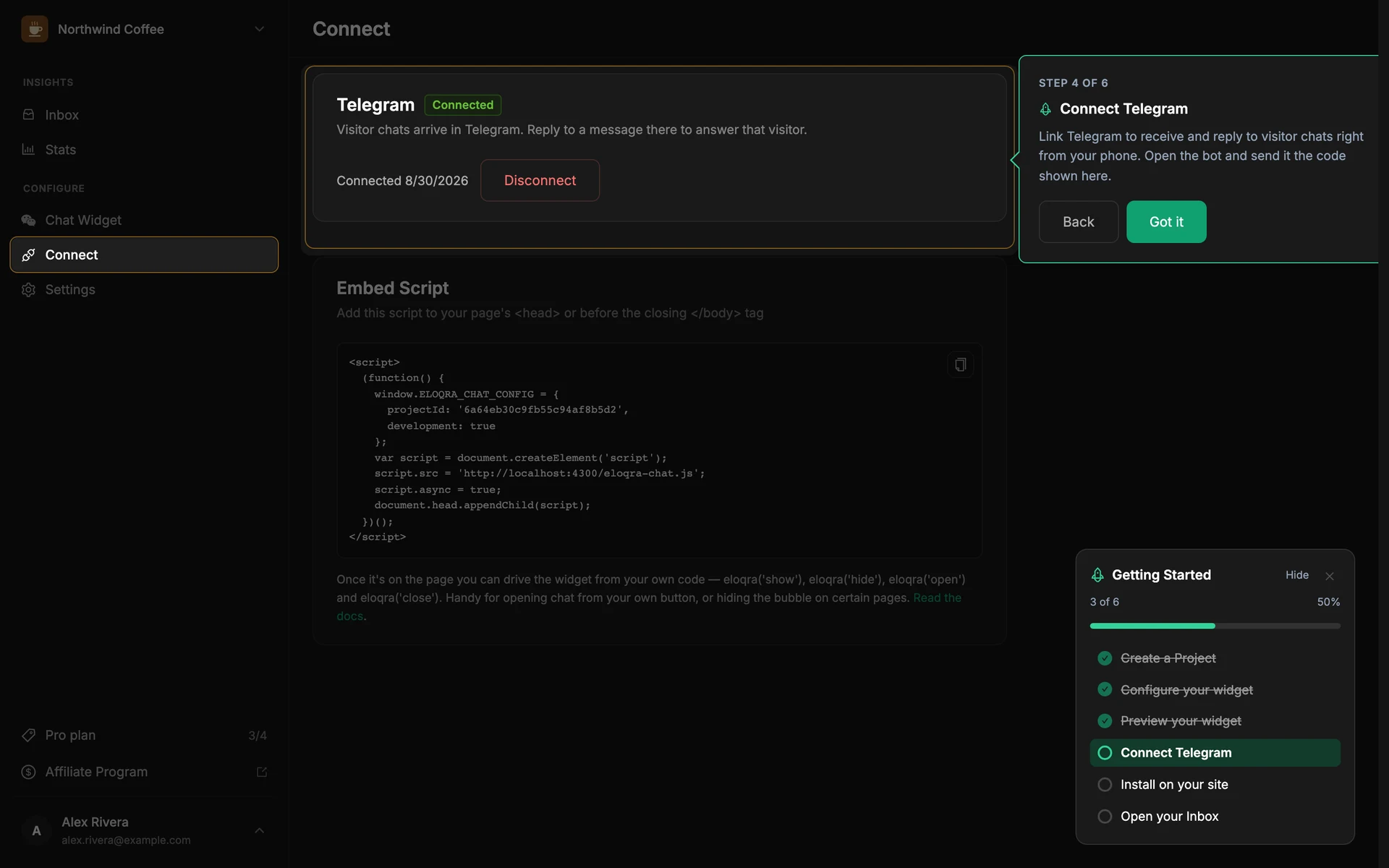 The dashboard during the guided tour, with one area highlighted and the Getting Started checklist in the corner