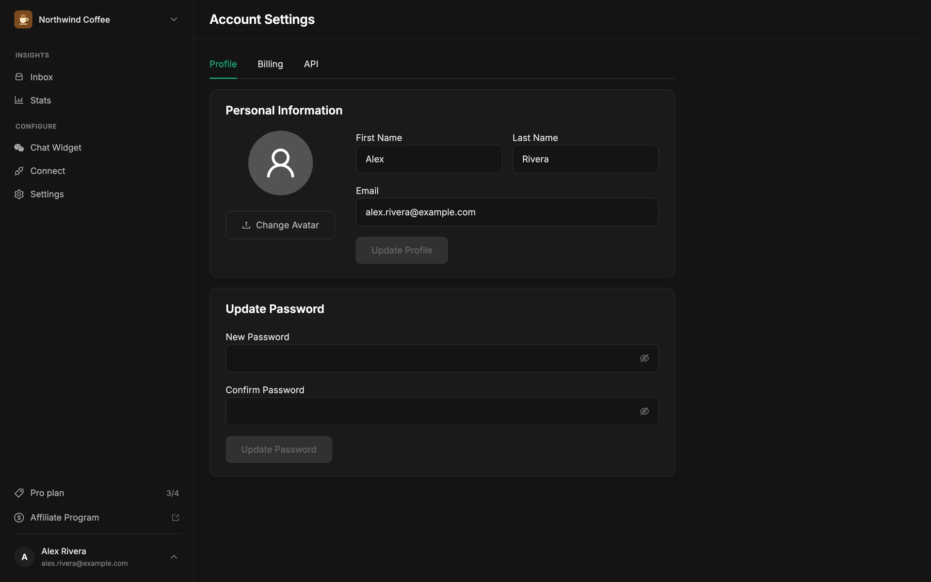 Settings → Profile with the Personal Information card (avatar, name, email) and the Update Password card
