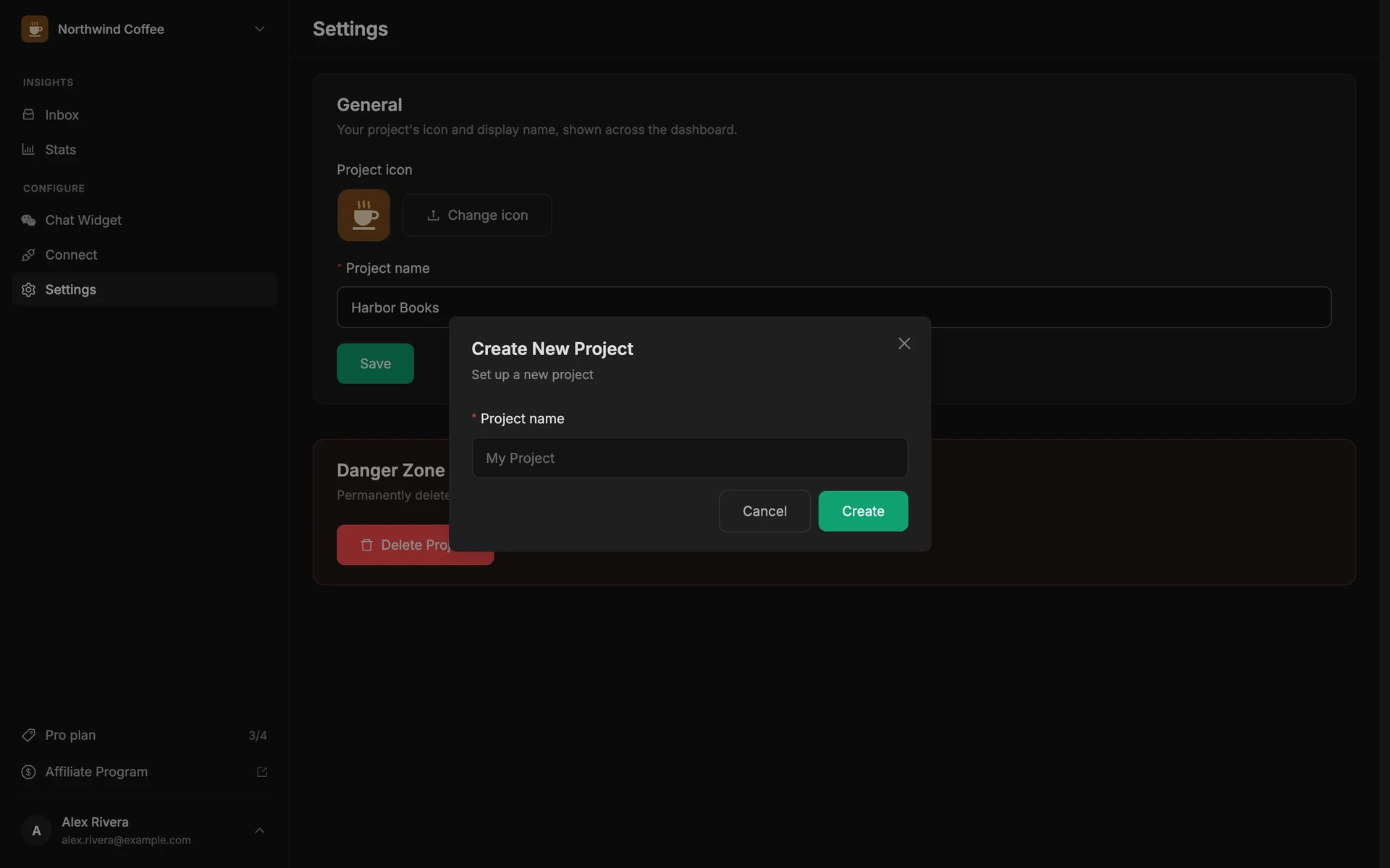 The Create New Project dialog in the dashboard with a single Project name field