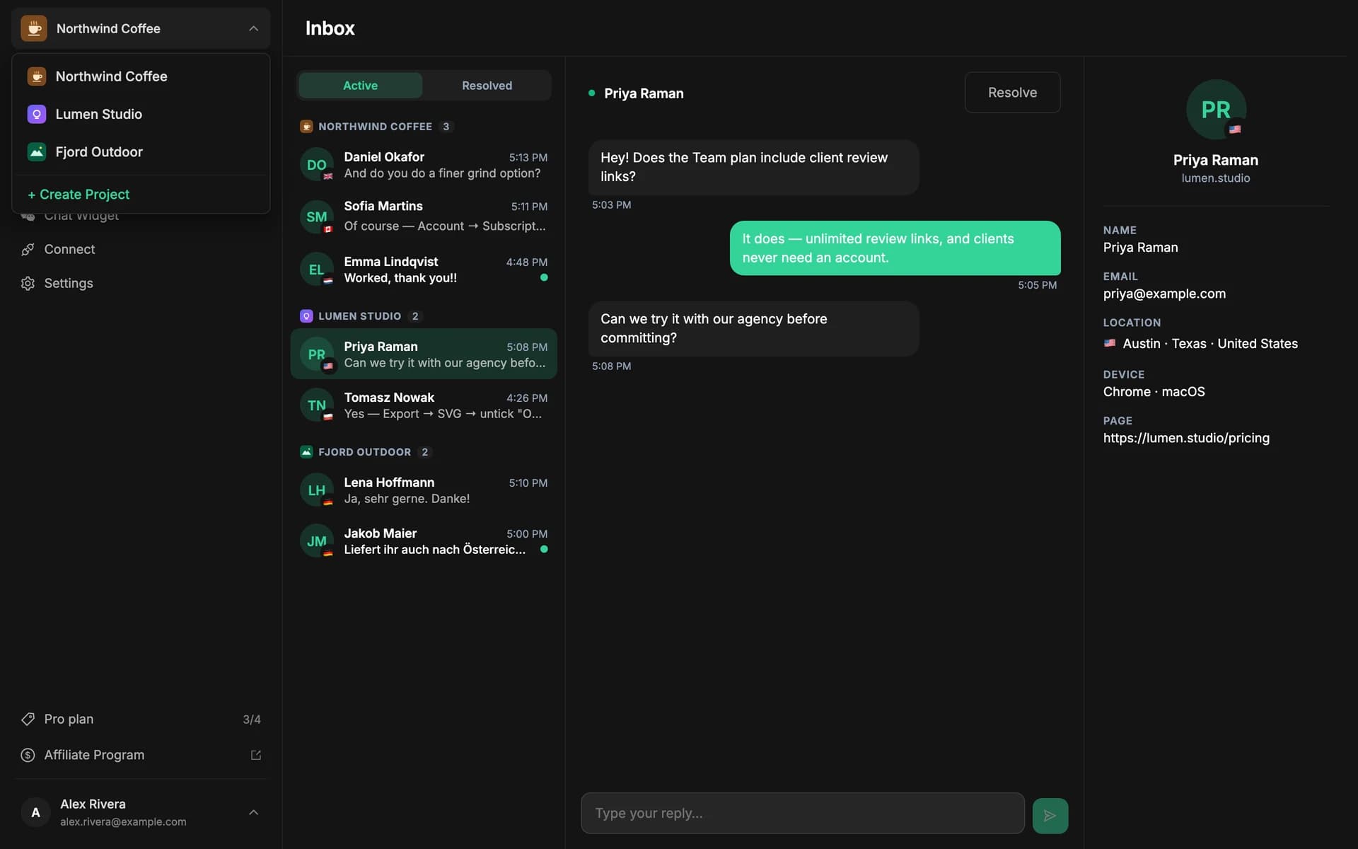 The dashboard project switcher open over an inbox that groups conversations by project