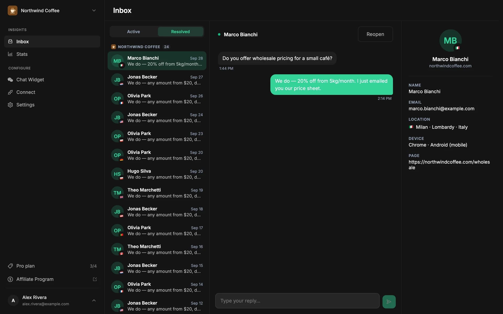 The Resolved tab of the inbox with a resolved conversation open and a Reopen button in its header