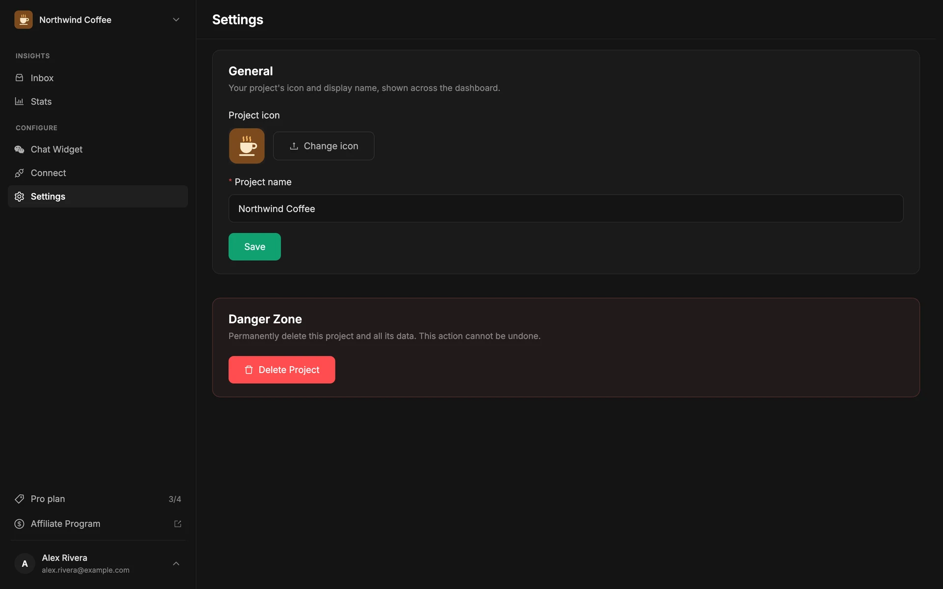 The project Settings page with the General card (icon and name) and the Danger Zone card