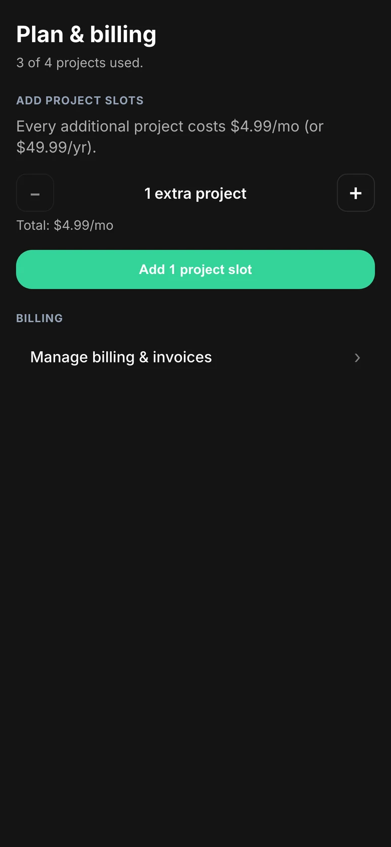 The Plan & billing screen with a slot stepper and billing portal link