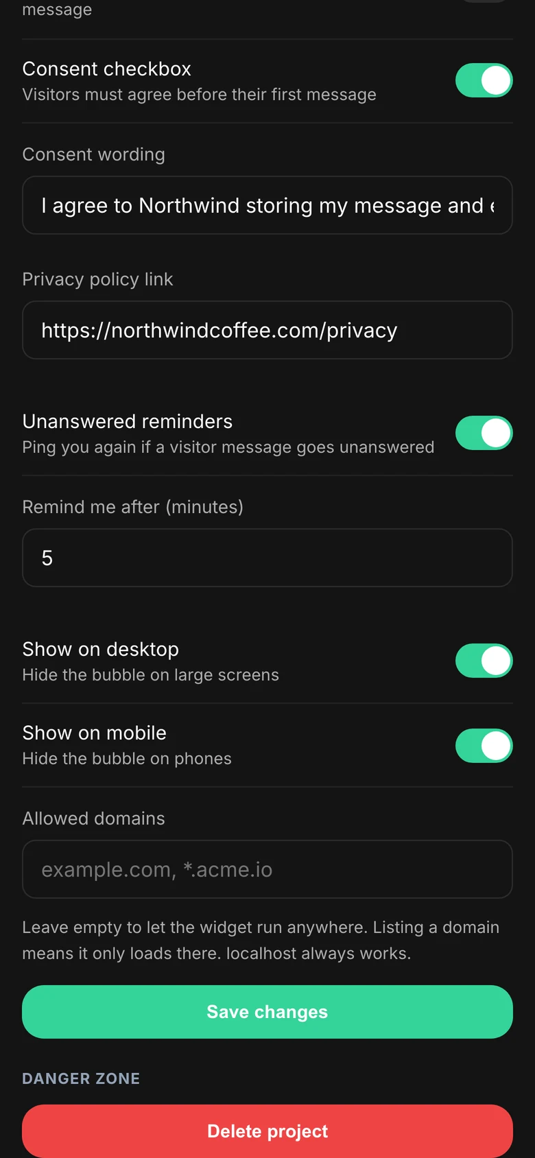 The Danger zone at the bottom of project settings with a Delete project button