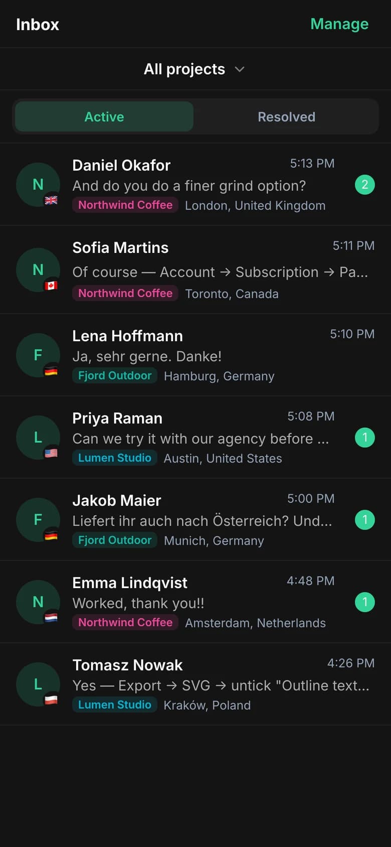 The Mini App inbox showing conversations from several projects