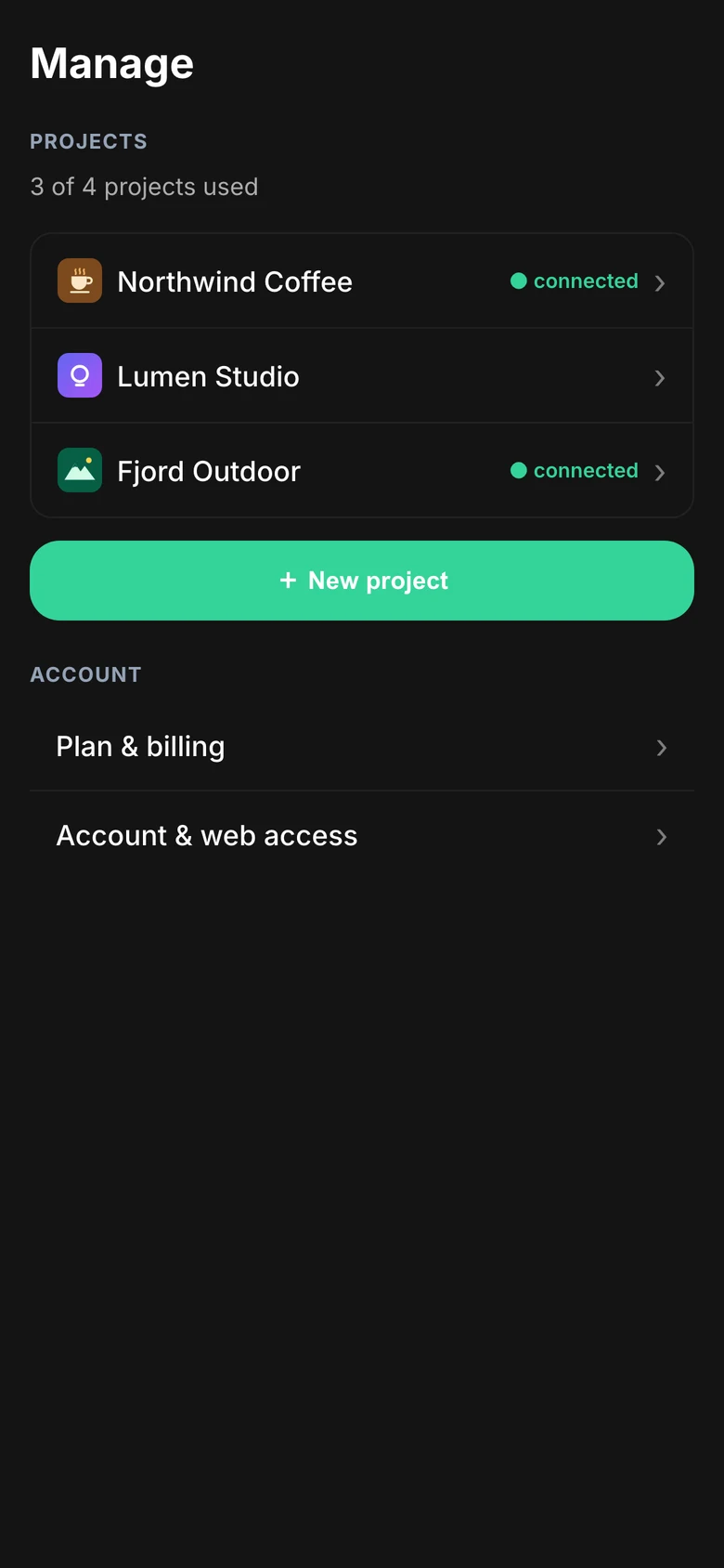 The Manage screen with the project list and account links