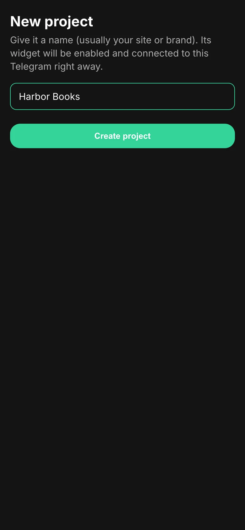 The New project screen with a name field