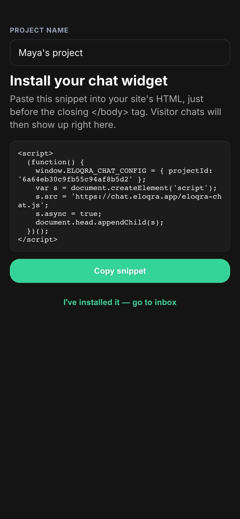 The first-run install step: project name, install snippet, Copy snippet and a go-to-inbox button