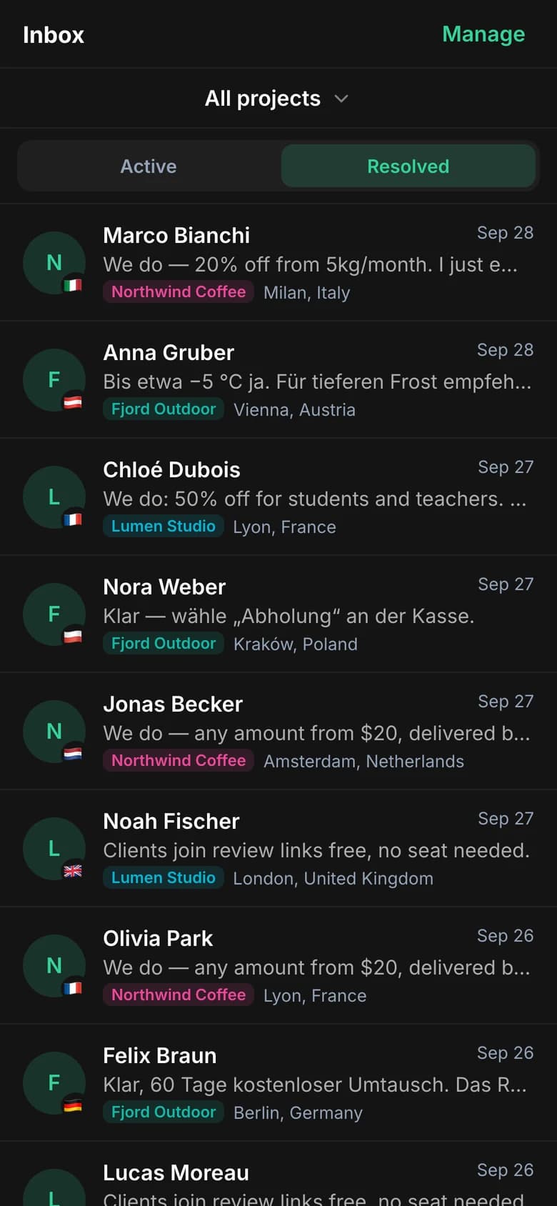 The Resolved tab of the inbox