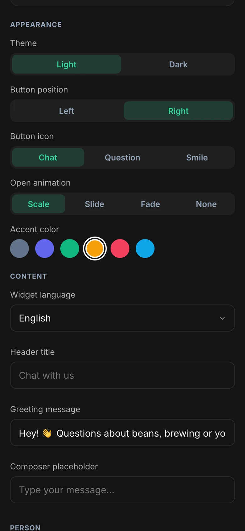 Appearance settings: theme, button position, button icon, open animation and accent color