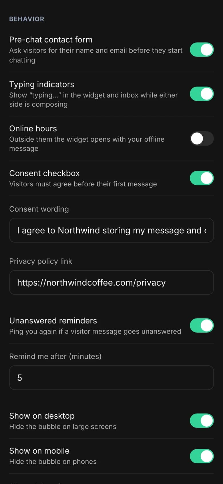 Behavior settings: pre-chat form, typing indicators, online hours, consent and unanswered reminders
