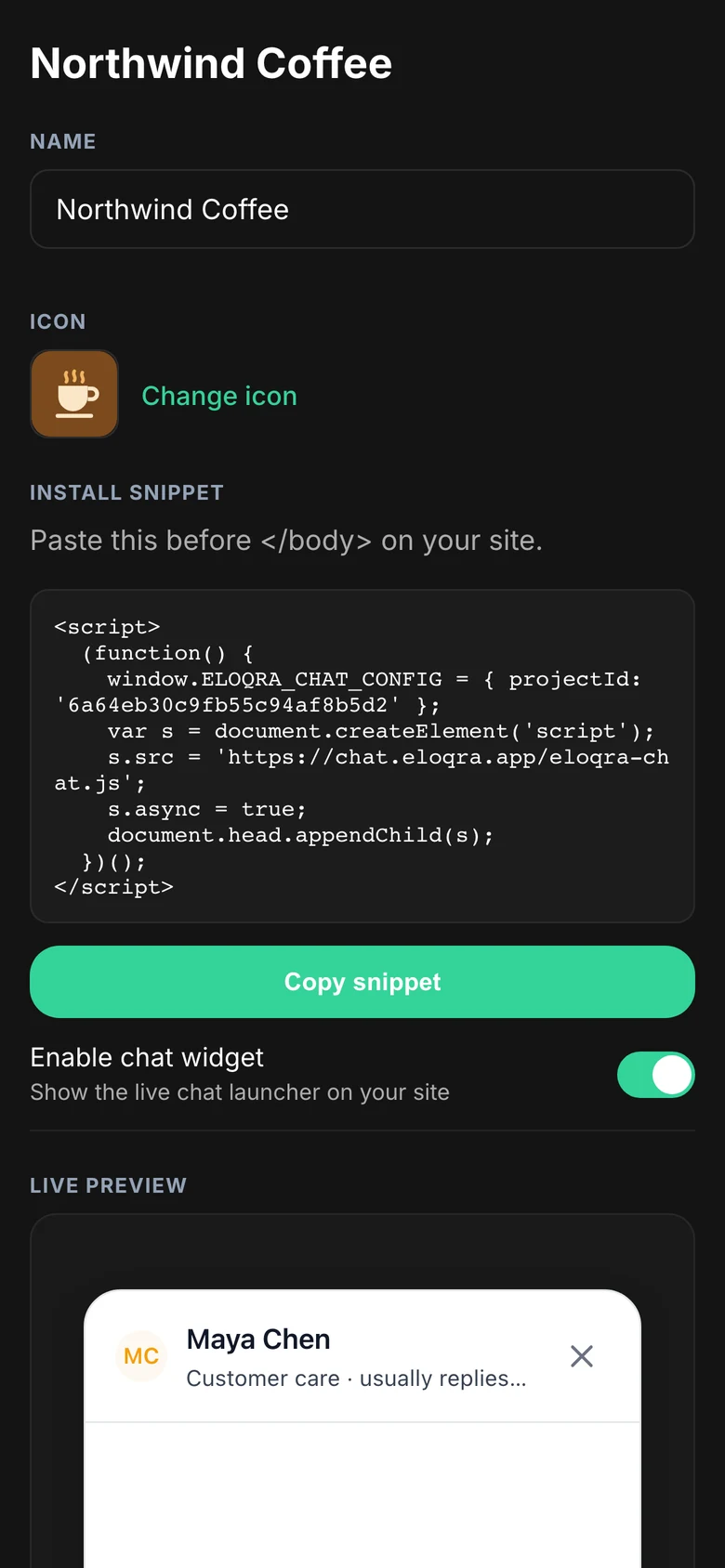 The install snippet section of project settings