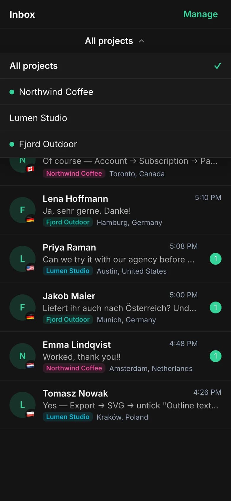 The project switcher open, listing All projects and each project