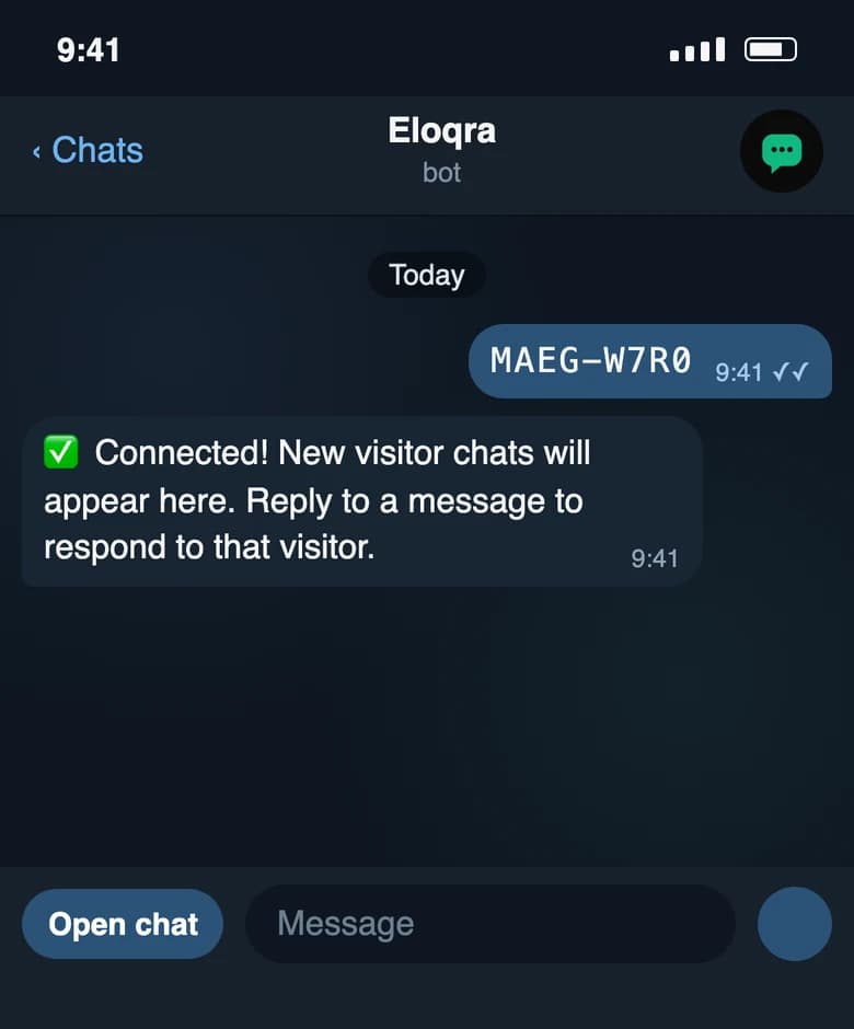 Telegram confirming the link: New visitor chats will appear here