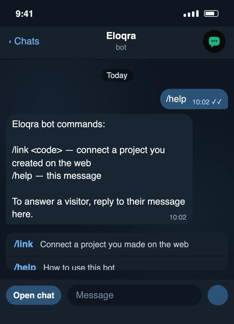 The operator sends /help to the Eloqra bot, which replies with its list of commands; Telegram’s command menu shows /link and /help