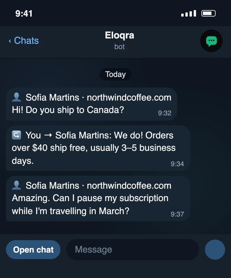 The Telegram chat with the Eloqra bot showing a reply sent from the web dashboard, prefixed “↪️ You →” and the visitor’s name