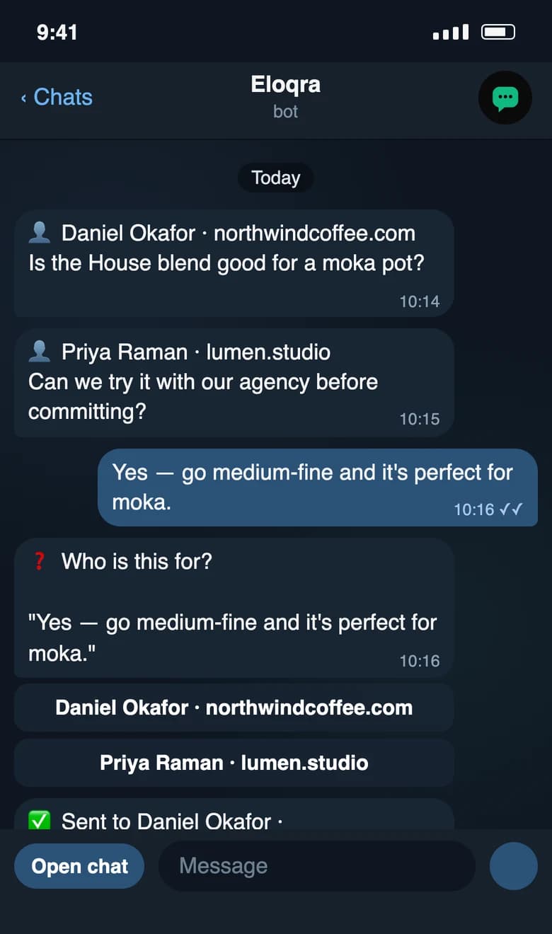 In the Eloqra bot, a plain message while two chats are open: the bot asks who it is for with one button per chat, then confirms