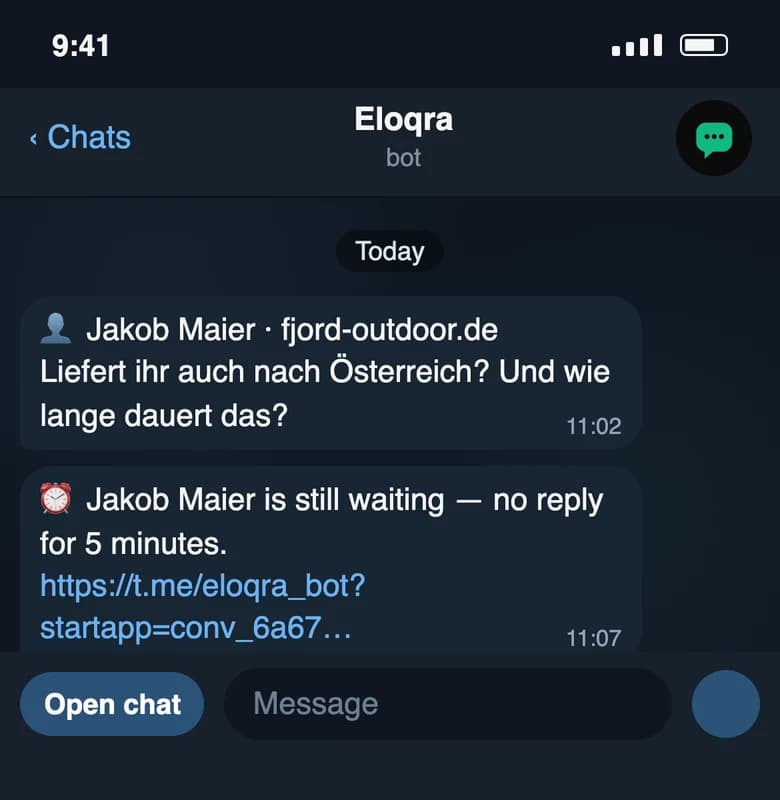 A Telegram reminder that a visitor has waited five minutes without a reply