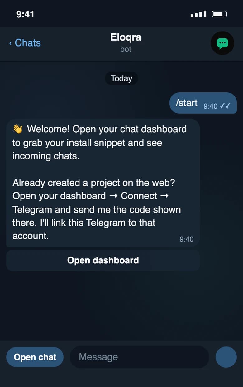 The Eloqra bot’s welcome message after pressing Start, with an Open dashboard button and an Open chat menu button