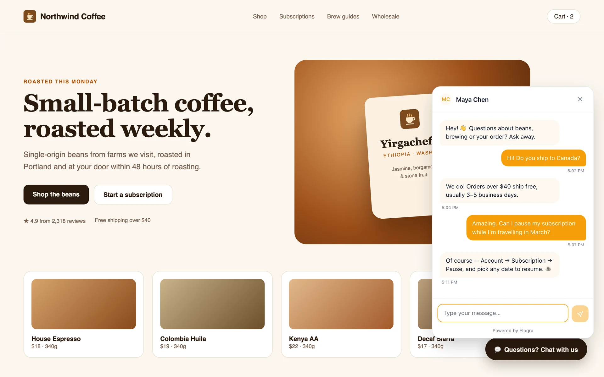 A site's own Chat with us button opening the Eloqra widget through the JavaScript API