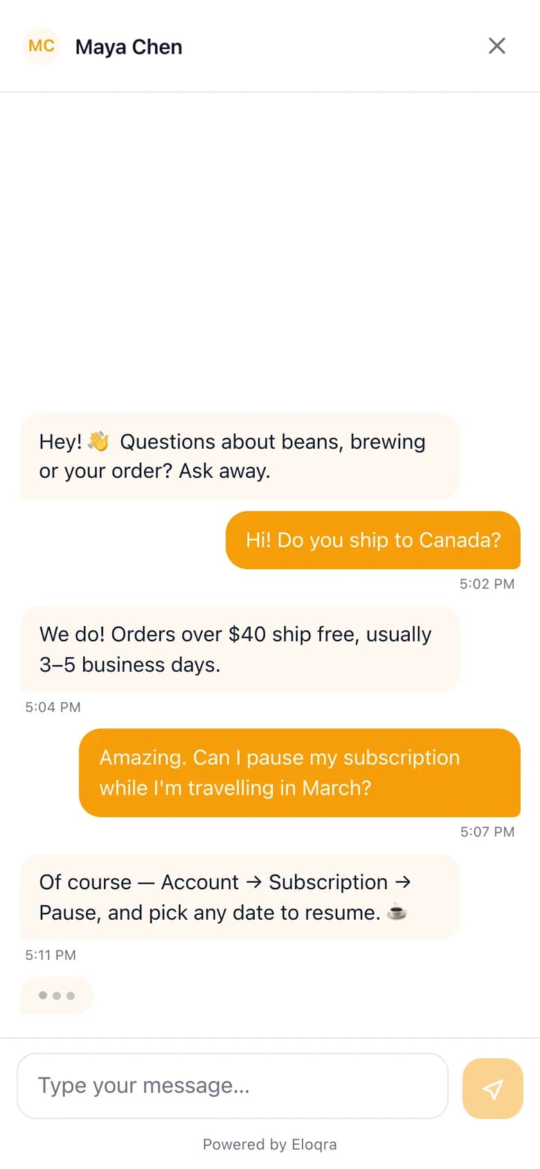 The chat widget open on a phone as a full-screen sheet with the composer at the bottom