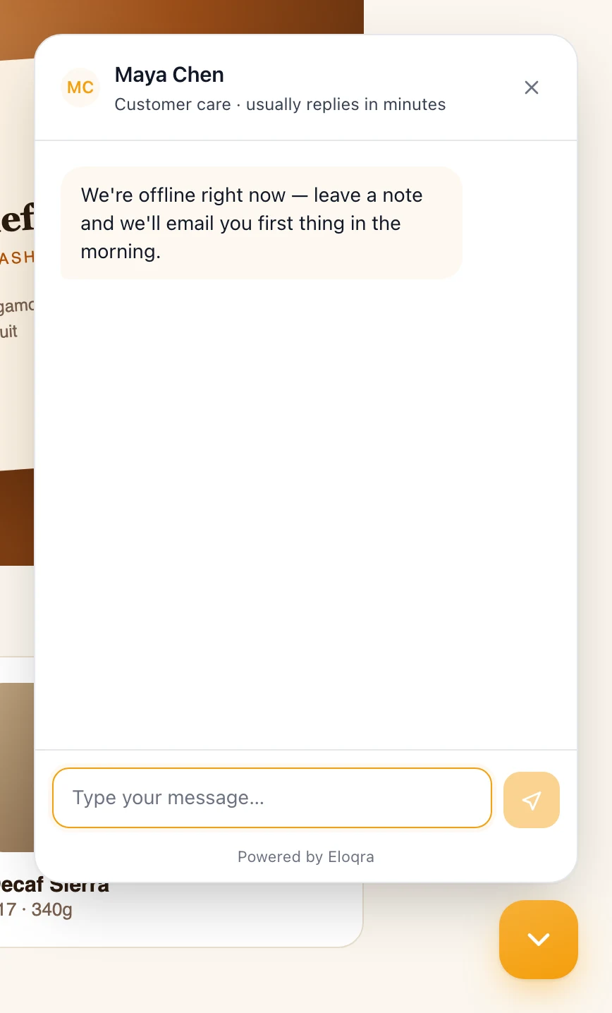The widget outside online hours, showing the away message