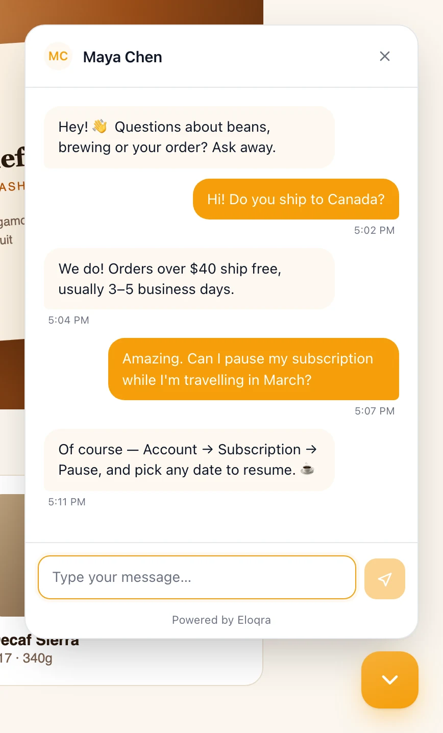 The operator's reply from Telegram shown in the visitor's chat widget