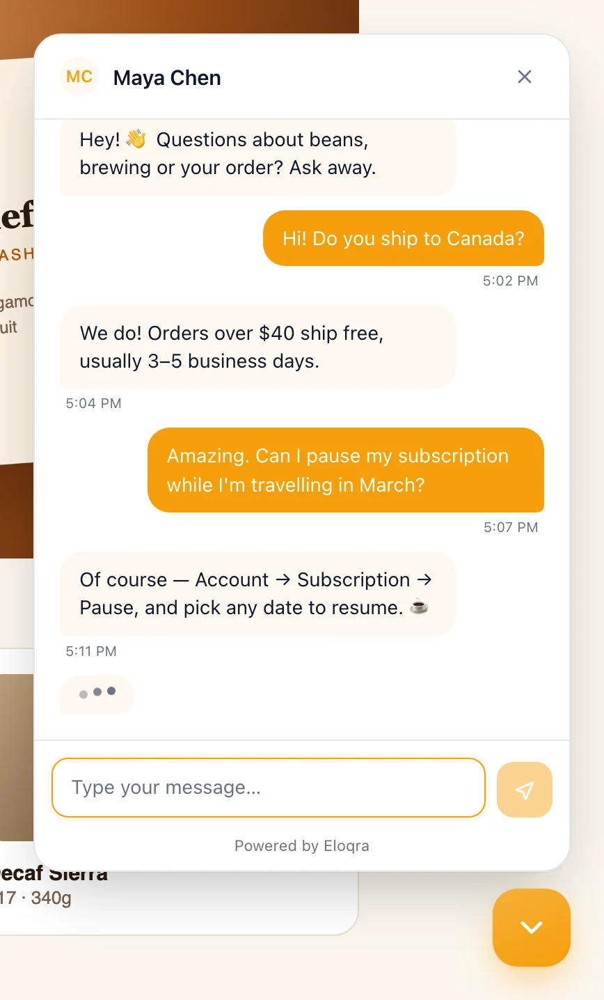 The chat panel with a three-dot typing bubble below the visitor’s last message